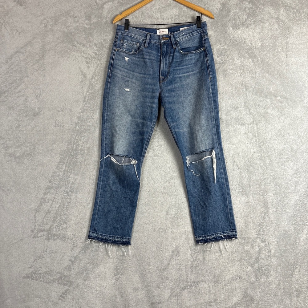 Frame Heritage Le Piper Straight Leg Jeans Peralta Rips Distressed Blue Size 28